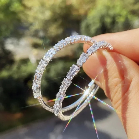 NEW 18K White Gold Diamond Hoop Earrings - Picture 9 of 10